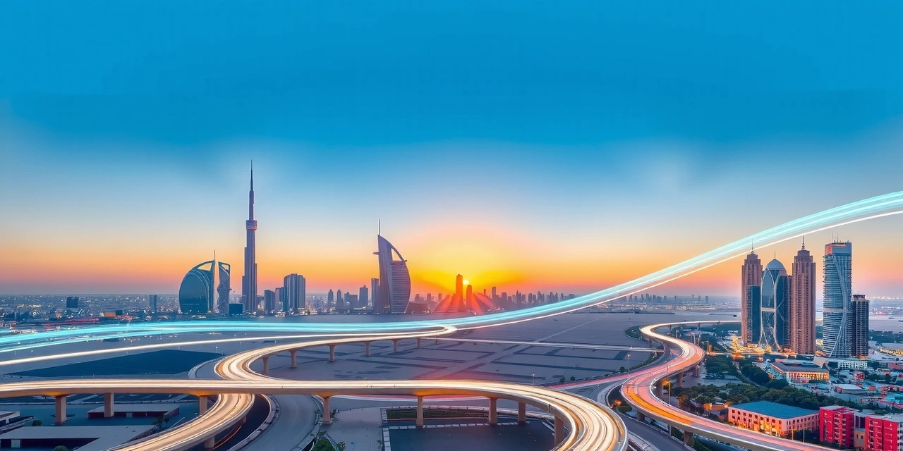 Futuristic cityscape of Doha with digital overlays symbolizing technological progress and smart city initiatives