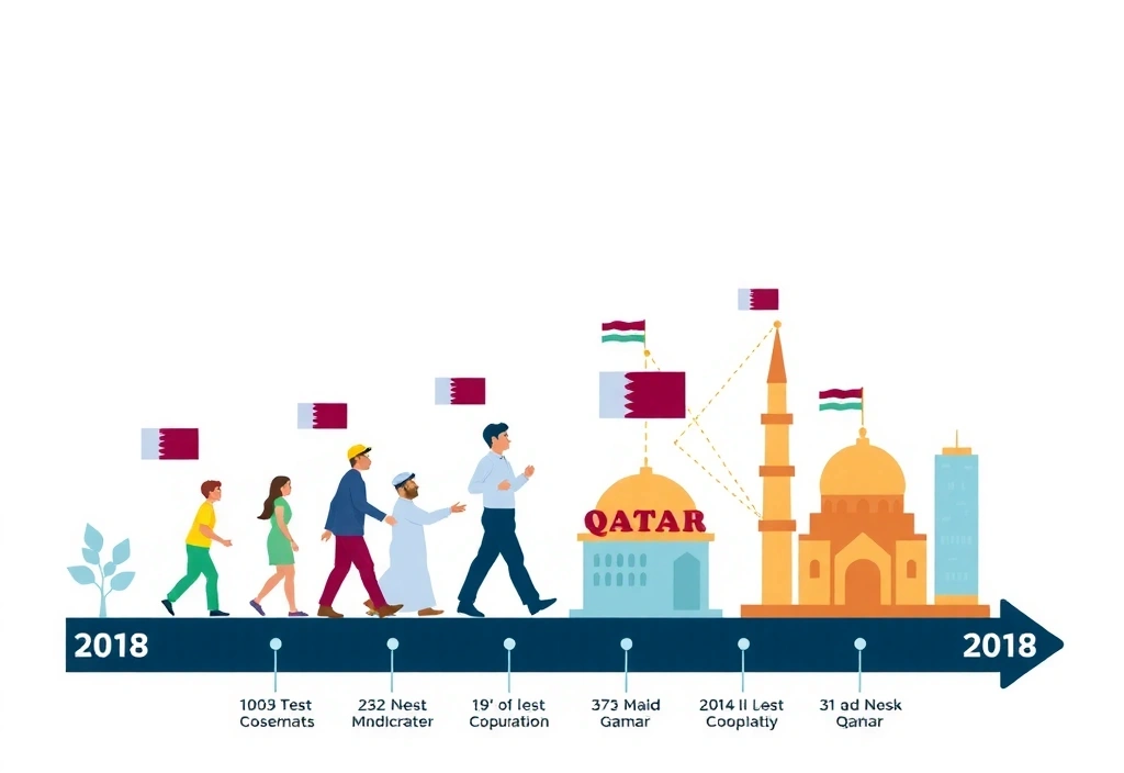 Illustration of a timeline showing the growth of TechConnect Qatar from 2018 to present, with tech symbols