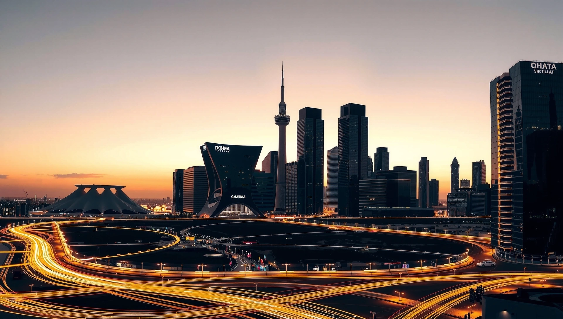 Futuristic city skyline of Doha, Qatar, with digital overlay