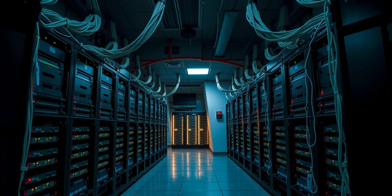 Network cables and server racks glowing in a data center
