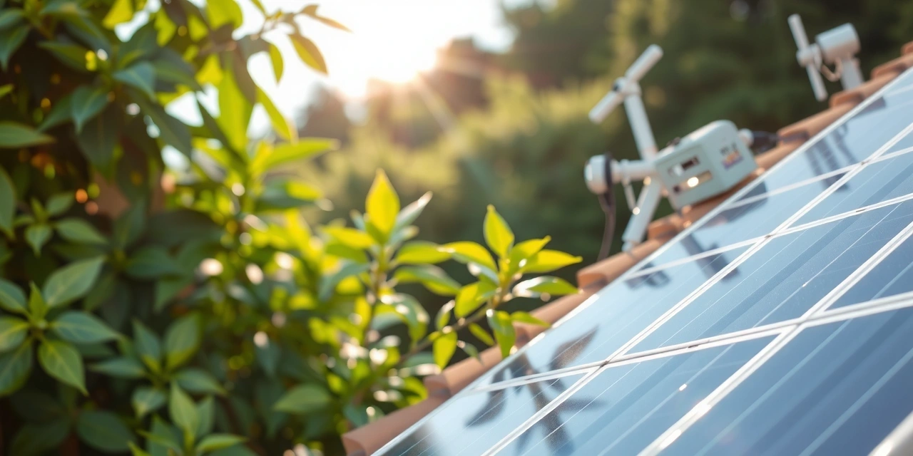 Sustainable energy solar panels on a rooftop with green foliage