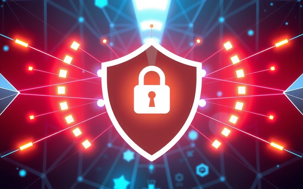 Abstract cybersecurity concept with a glowing shield protecting data streams