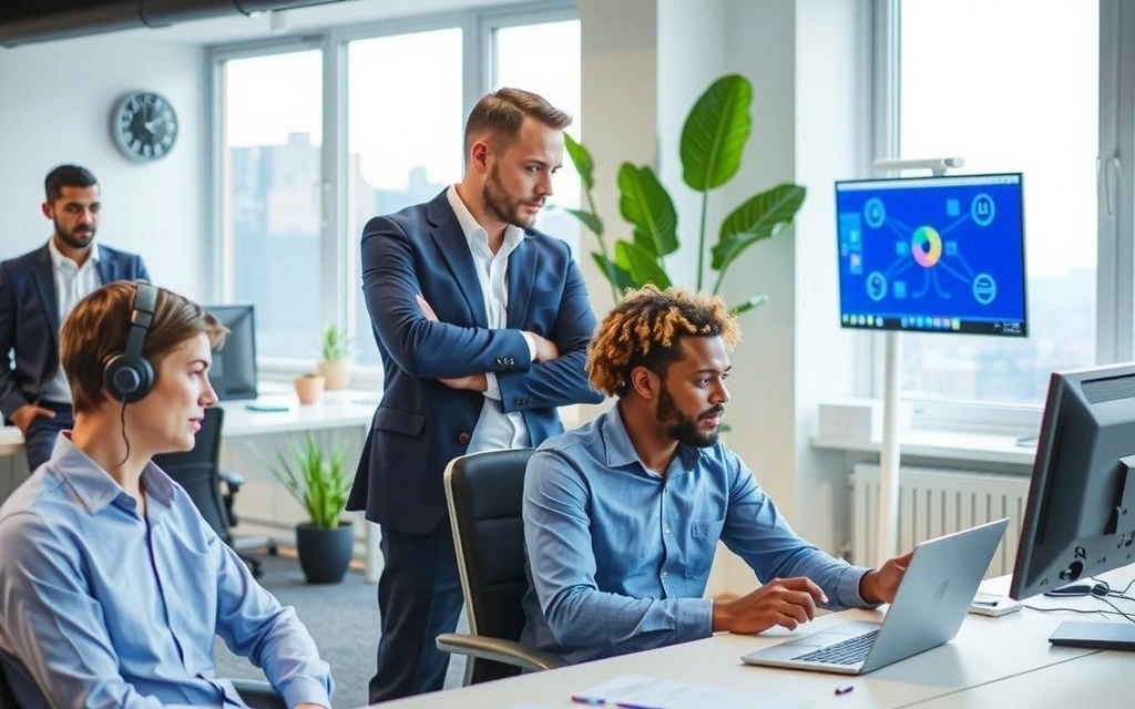 IT support team collaborating in a modern office environment