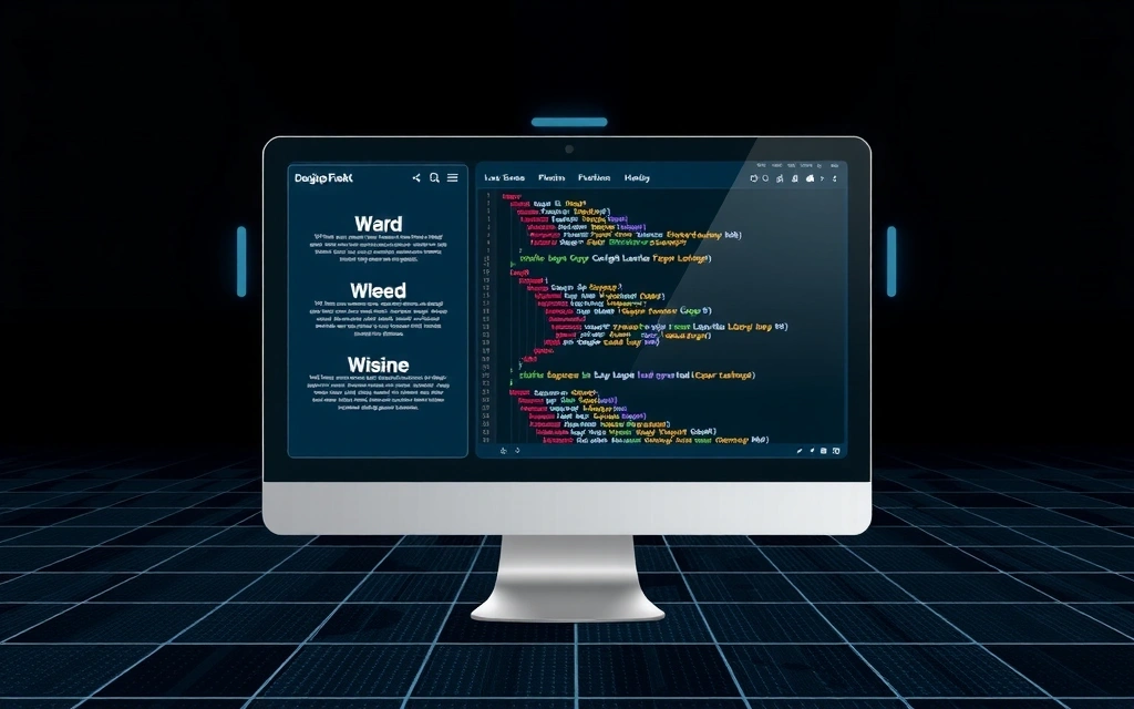 Modern web development interface with code snippets and design elements