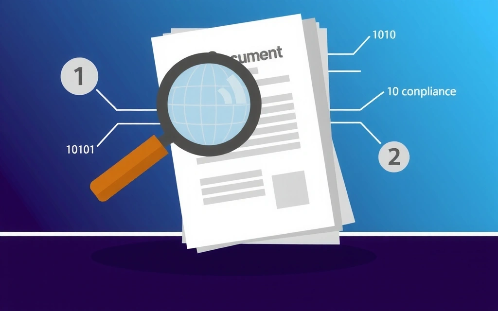Magnifying glass inspecting legal document with digital elements